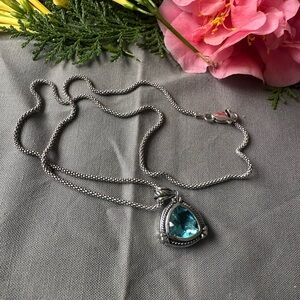 Elegant vintage  sterling Silver 925 Necklace with Blue Pendant 19” long